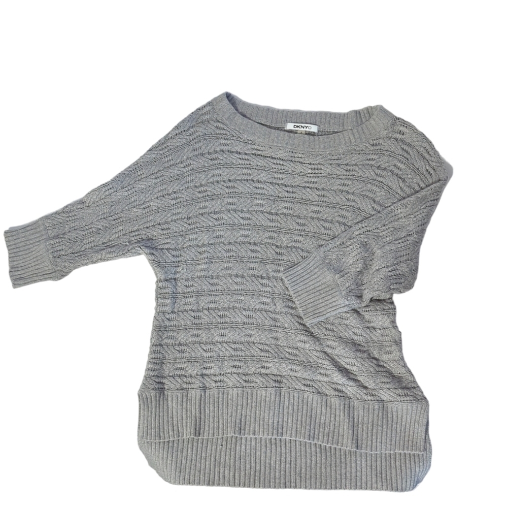 DKNYC‎ Women's Sweater Loose Weave Knit Light Grey Textured Pattern 3/4 Sleeve S